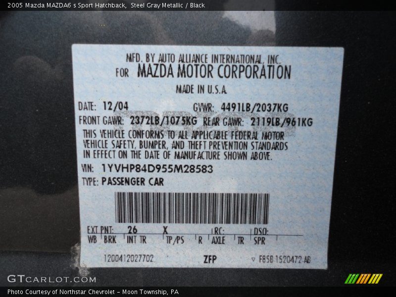 2005 MAZDA6 s Sport Hatchback Steel Gray Metallic Color Code 26X