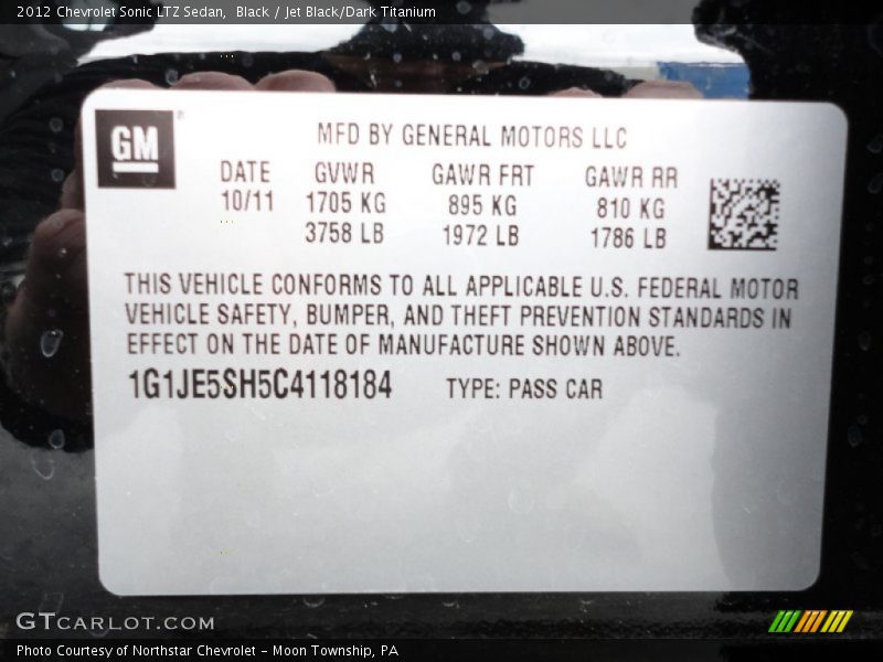 Info Tag of 2012 Sonic LTZ Sedan