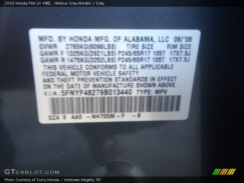 Nimbus Gray Metallic / Gray 2009 Honda Pilot LX 4WD