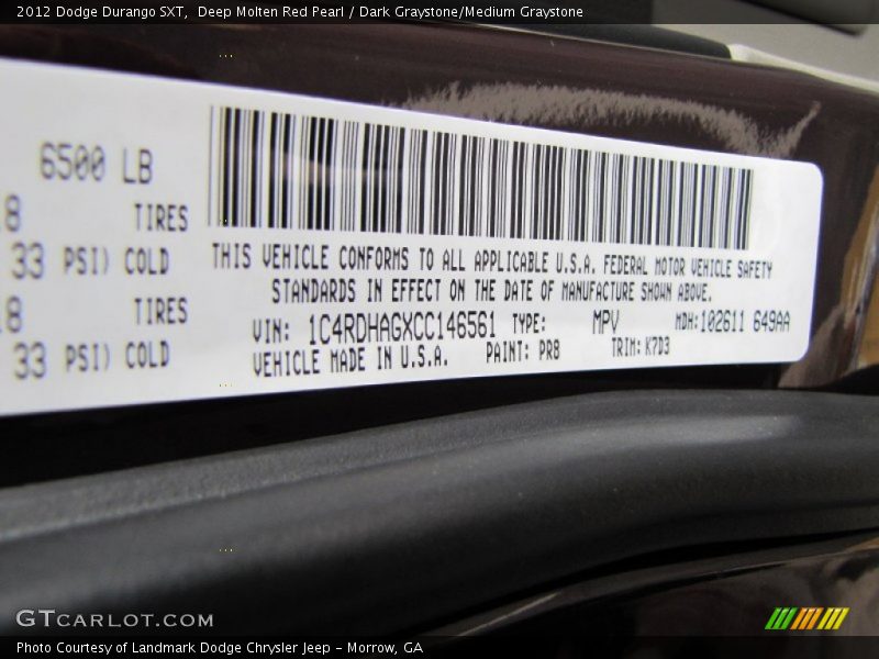 2012 Durango SXT Deep Molten Red Pearl Color Code PR8