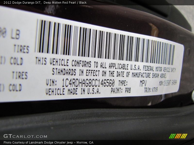 2012 Durango SXT Deep Molten Red Pearl Color Code PR8
