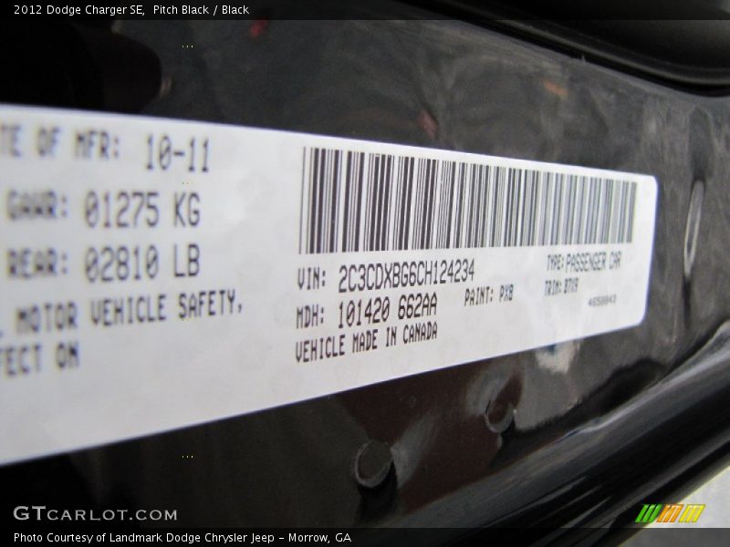 Pitch Black / Black 2012 Dodge Charger SE