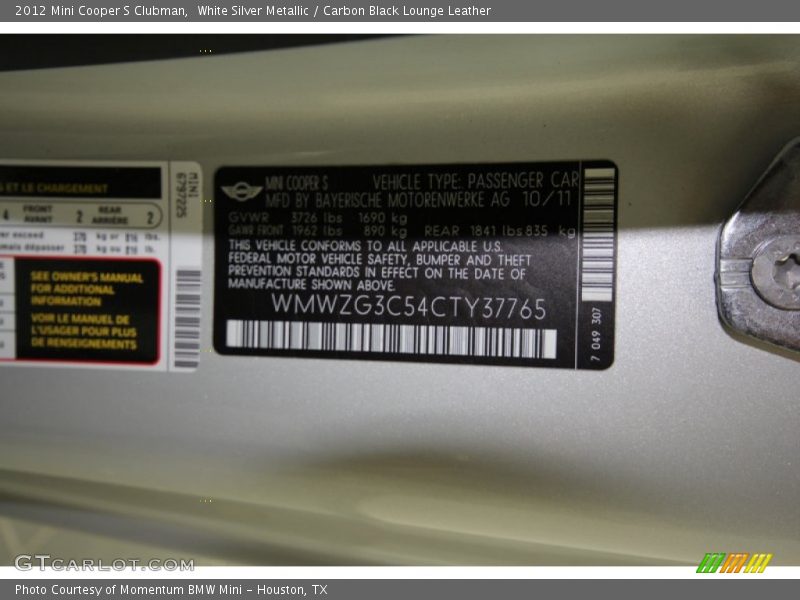 White Silver Metallic / Carbon Black Lounge Leather 2012 Mini Cooper S Clubman