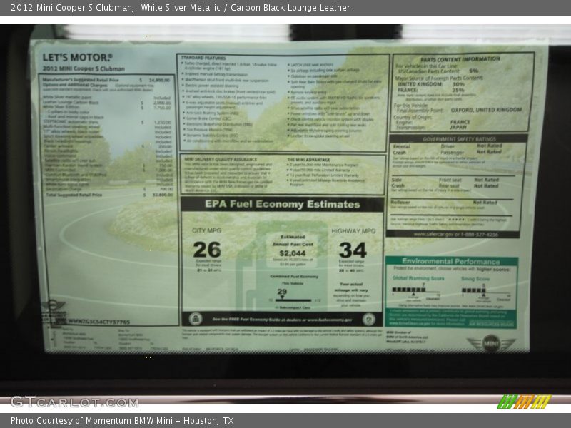  2012 Cooper S Clubman Window Sticker