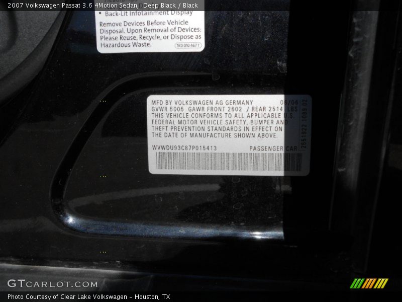Deep Black / Black 2007 Volkswagen Passat 3.6 4Motion Sedan