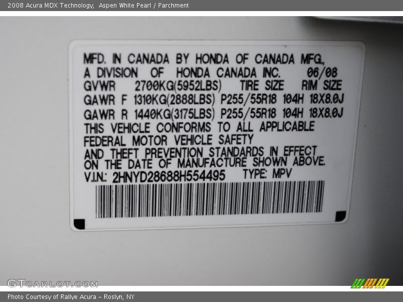 Aspen White Pearl / Parchment 2008 Acura MDX Technology