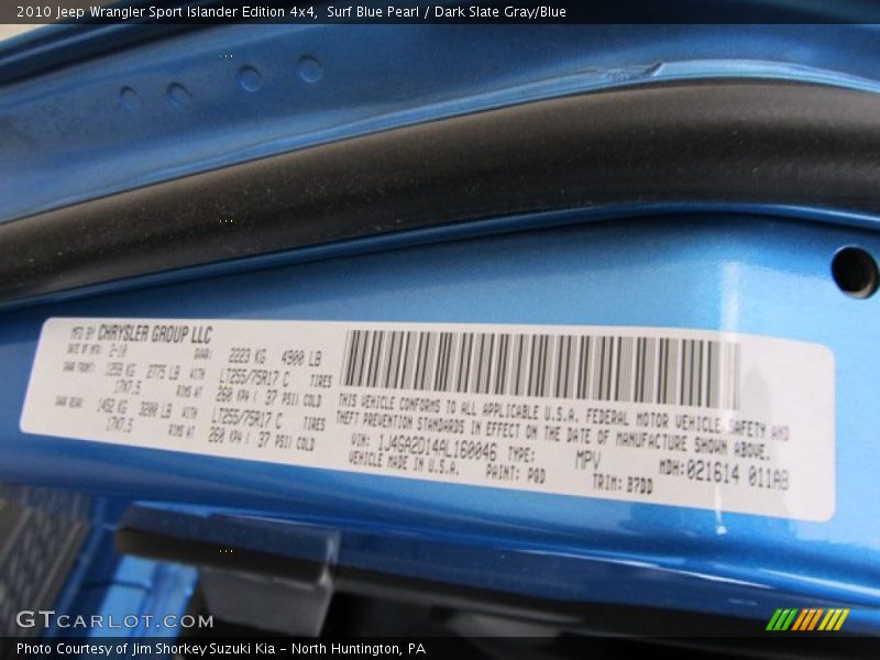 2010 Wrangler Sport Islander Edition 4x4 Surf Blue Pearl Color Code PQD