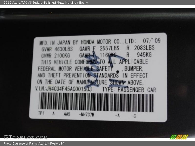 2010 TSX V6 Sedan Polished Metal Metallic Color Code NH737M