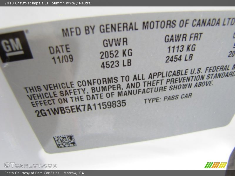 Summit White / Neutral 2010 Chevrolet Impala LT