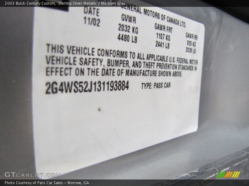 Sterling Silver Metallic / Medium Gray 2003 Buick Century Custom