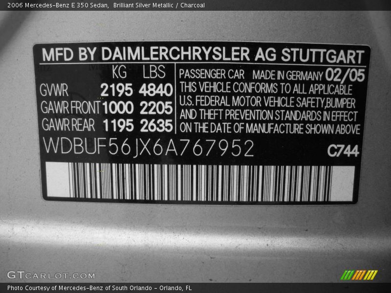 Brilliant Silver Metallic / Charcoal 2006 Mercedes-Benz E 350 Sedan
