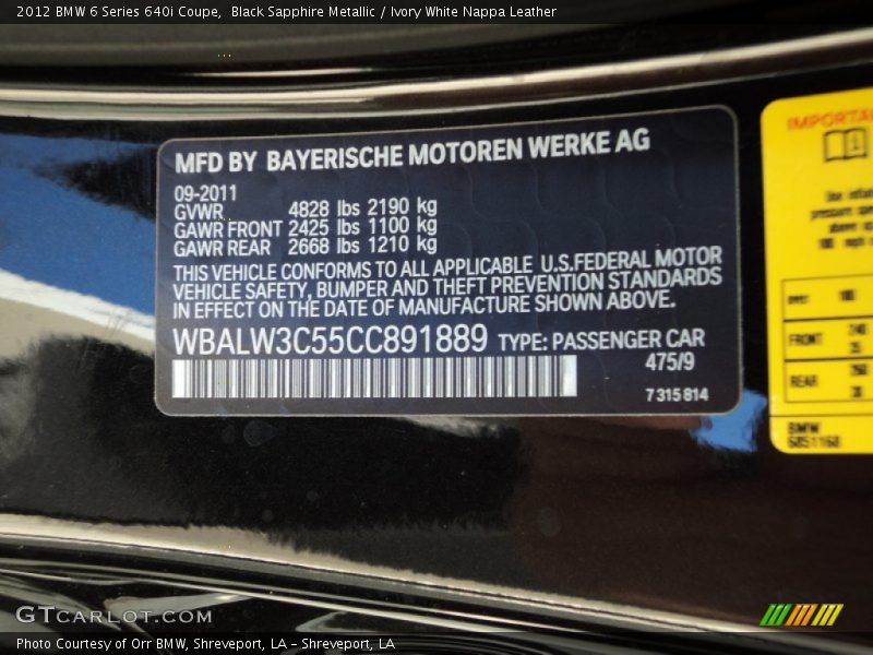 Info Tag of 2012 6 Series 640i Coupe