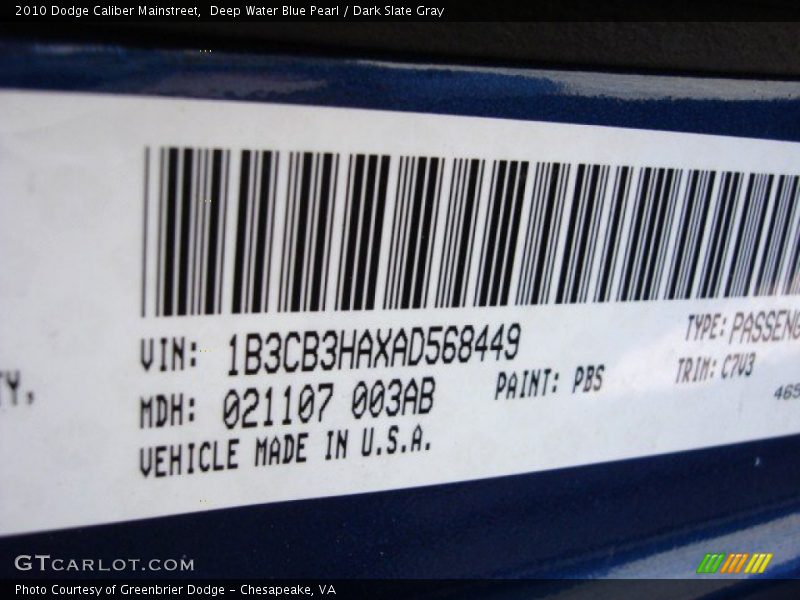 Deep Water Blue Pearl / Dark Slate Gray 2010 Dodge Caliber Mainstreet