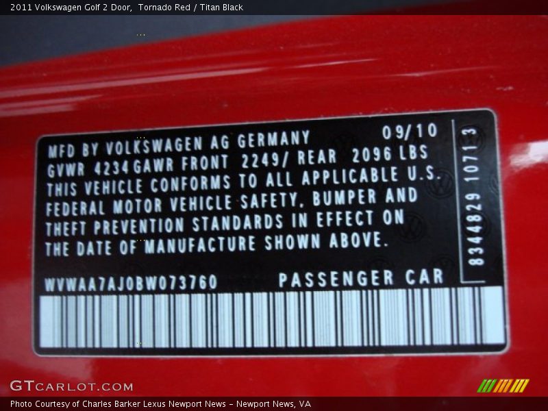 Tornado Red / Titan Black 2011 Volkswagen Golf 2 Door