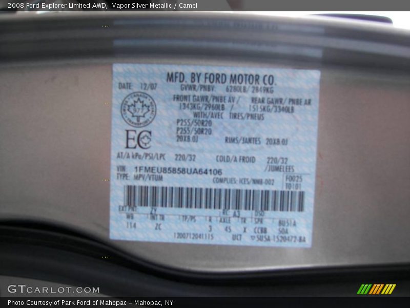 Vapor Silver Metallic / Camel 2008 Ford Explorer Limited AWD