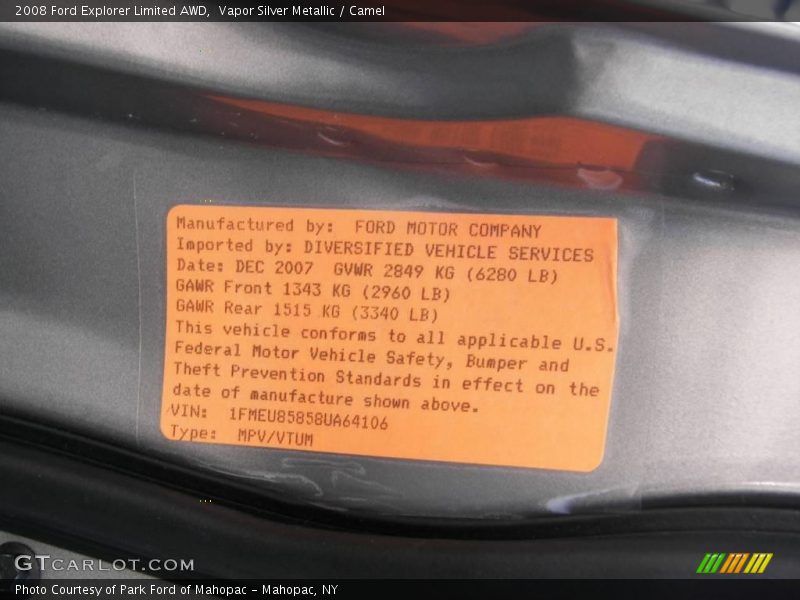 Vapor Silver Metallic / Camel 2008 Ford Explorer Limited AWD