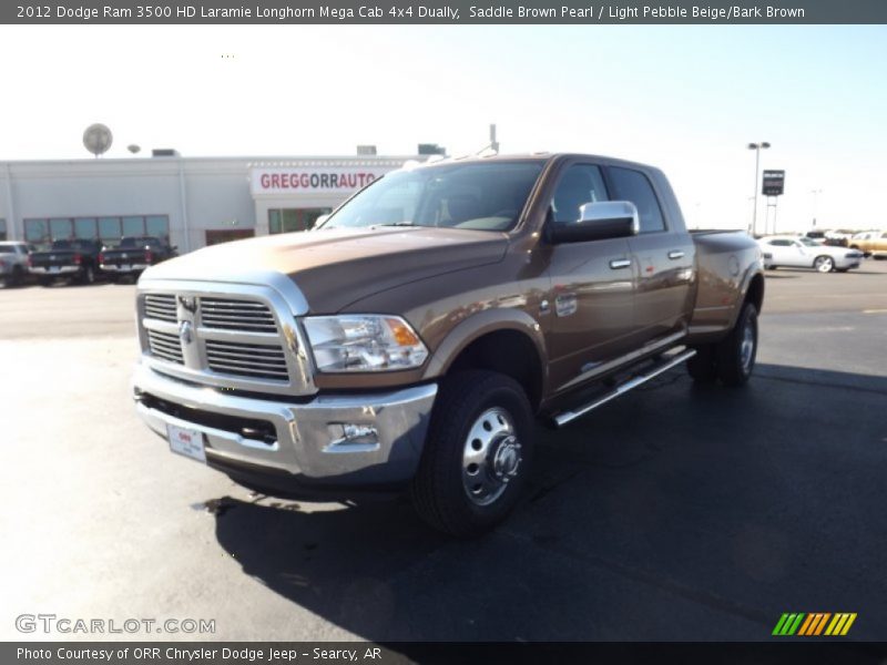 Saddle Brown Pearl / Light Pebble Beige/Bark Brown 2012 Dodge Ram 3500 HD Laramie Longhorn Mega Cab 4x4 Dually