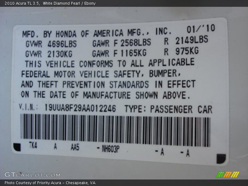 White Diamond Pearl / Ebony 2010 Acura TL 3.5