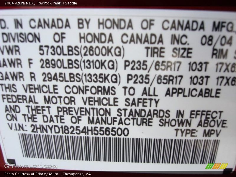 Redrock Pearl / Saddle 2004 Acura MDX