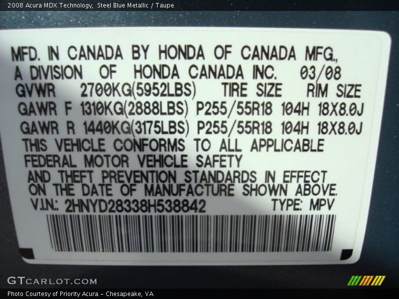 Steel Blue Metallic / Taupe 2008 Acura MDX Technology