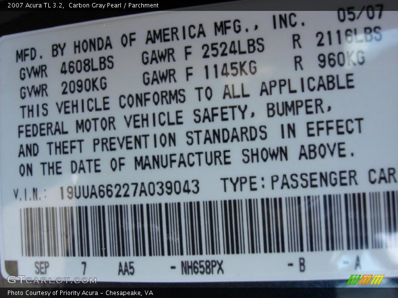 Carbon Gray Pearl / Parchment 2007 Acura TL 3.2