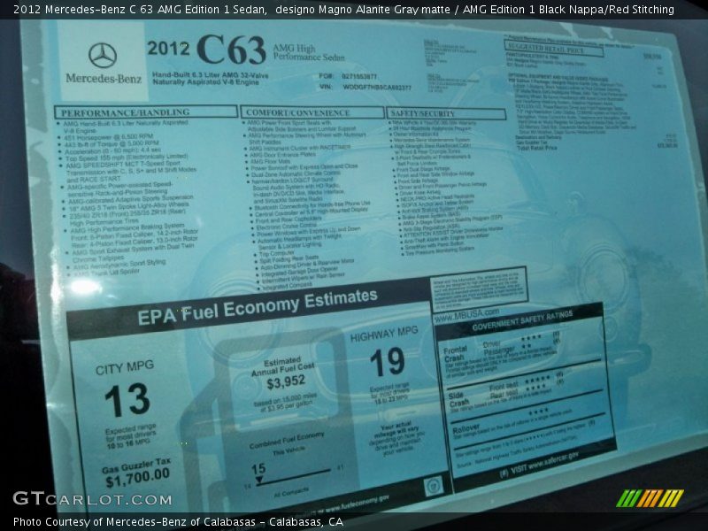  2012 C 63 AMG Edition 1 Sedan Window Sticker