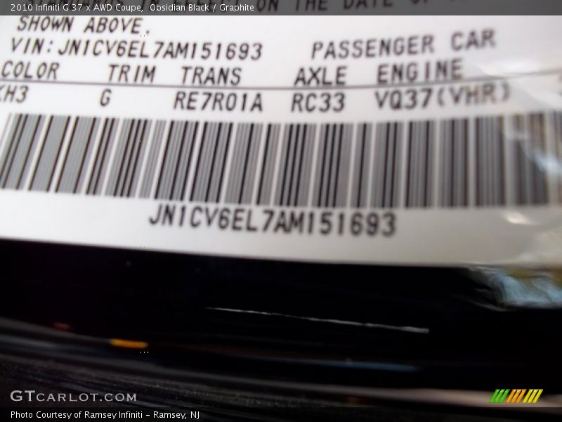 2010 G 37 x AWD Coupe Obsidian Black Color Code KH3