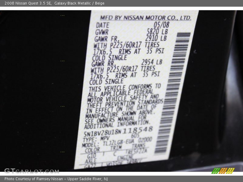 Galaxy Black Metallic / Beige 2008 Nissan Quest 3.5 SE