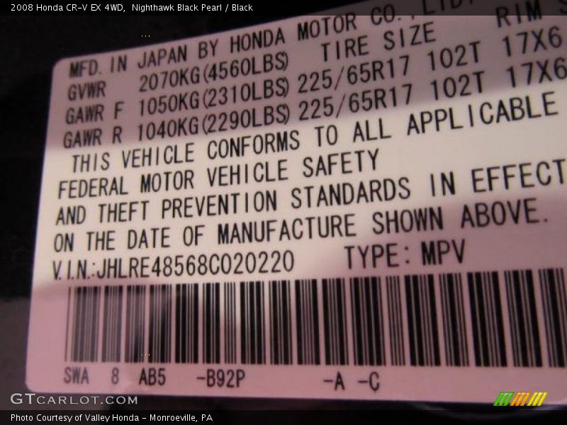 Nighthawk Black Pearl / Black 2008 Honda CR-V EX 4WD