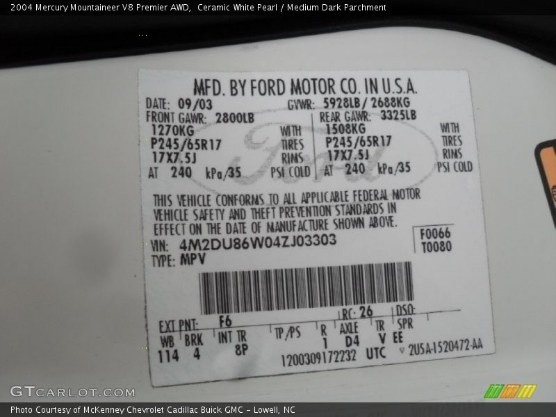 2004 Mountaineer V8 Premier AWD Ceramic White Pearl Color Code F6