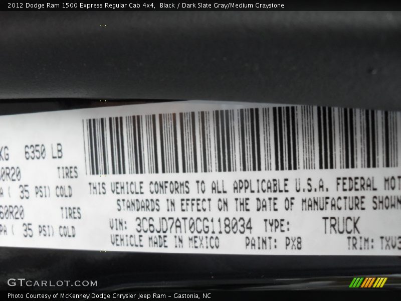 2012 Ram 1500 Express Regular Cab 4x4 Black Color Code PX8