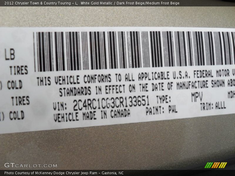 2012 Town & Country Touring - L White Gold Metallic Color Code PWL