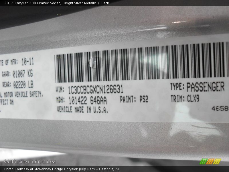 2012 200 Limited Sedan Bright Silver Metallic Color Code PS2