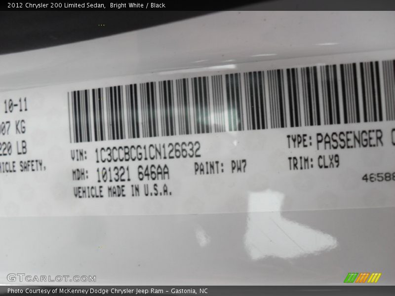 2012 200 Limited Sedan Bright White Color Code PW7