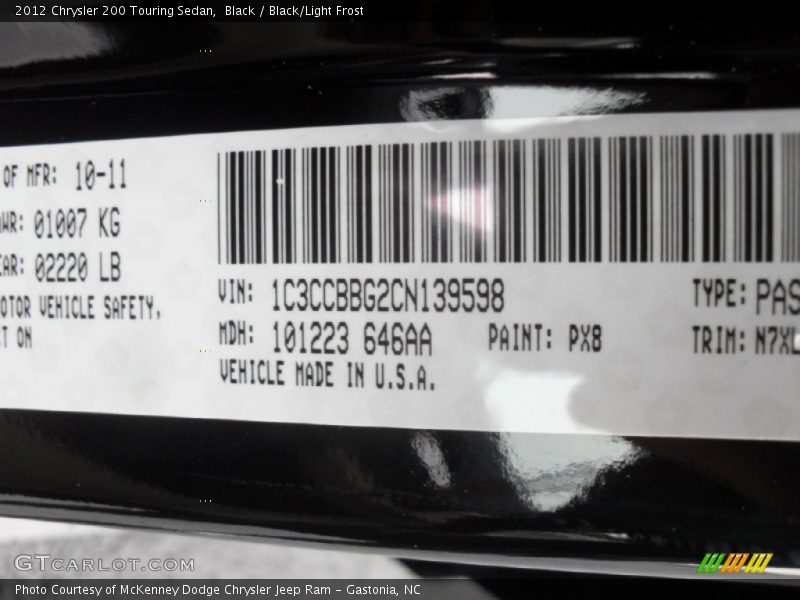 2012 200 Touring Sedan Black Color Code PX8