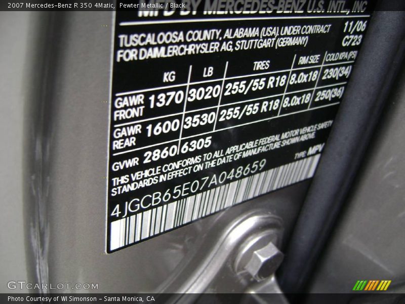 Pewter Metallic / Black 2007 Mercedes-Benz R 350 4Matic