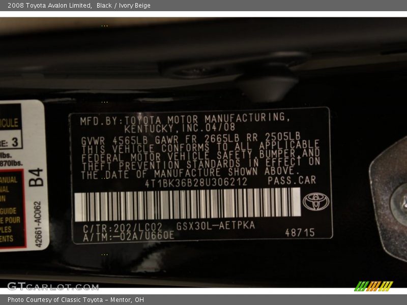Black / Ivory Beige 2008 Toyota Avalon Limited