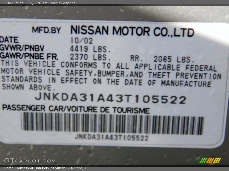 Brilliant Silver / Graphite 2003 Infiniti I 35