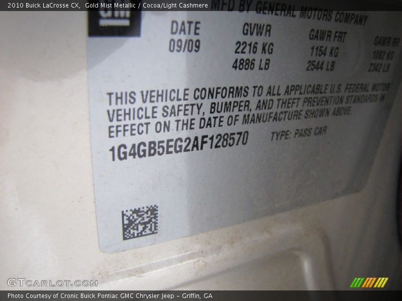 Gold Mist Metallic / Cocoa/Light Cashmere 2010 Buick LaCrosse CX