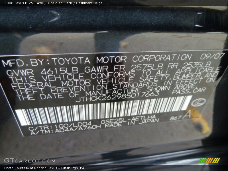 Obsidian Black / Cashmere Beige 2008 Lexus IS 250 AWD