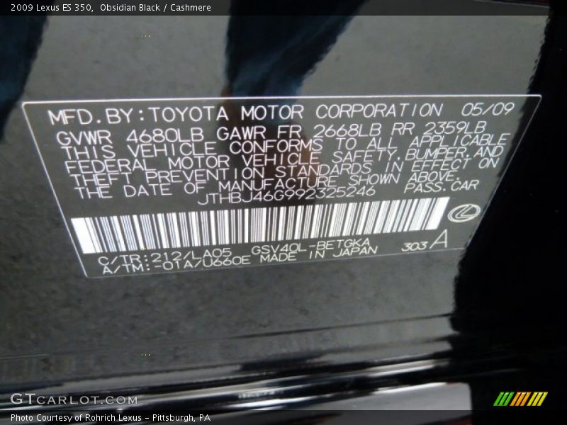 2009 ES 350 Obsidian Black Color Code 212