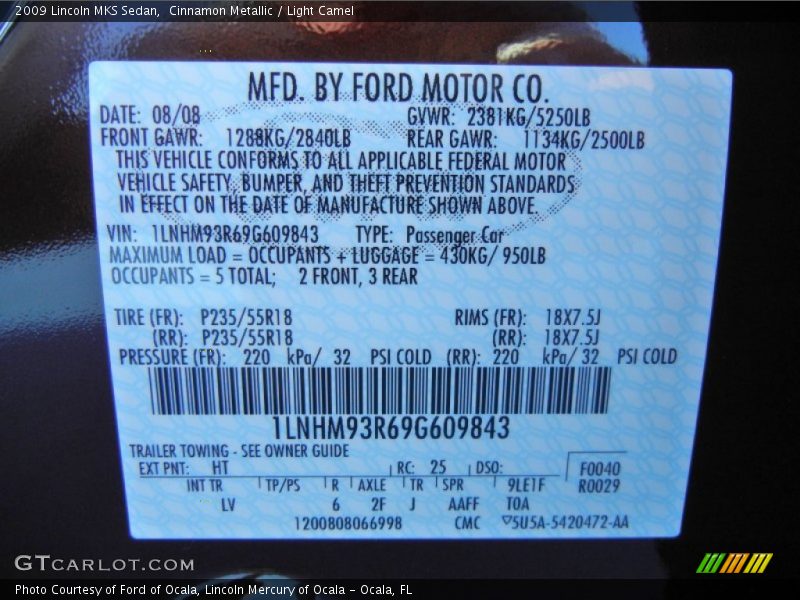 2009 MKS Sedan Cinnamon Metallic Color Code HT
