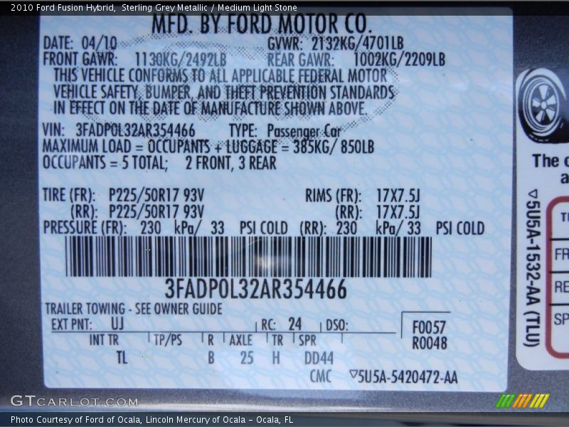 2010 Fusion Hybrid Sterling Grey Metallic Color Code UJ