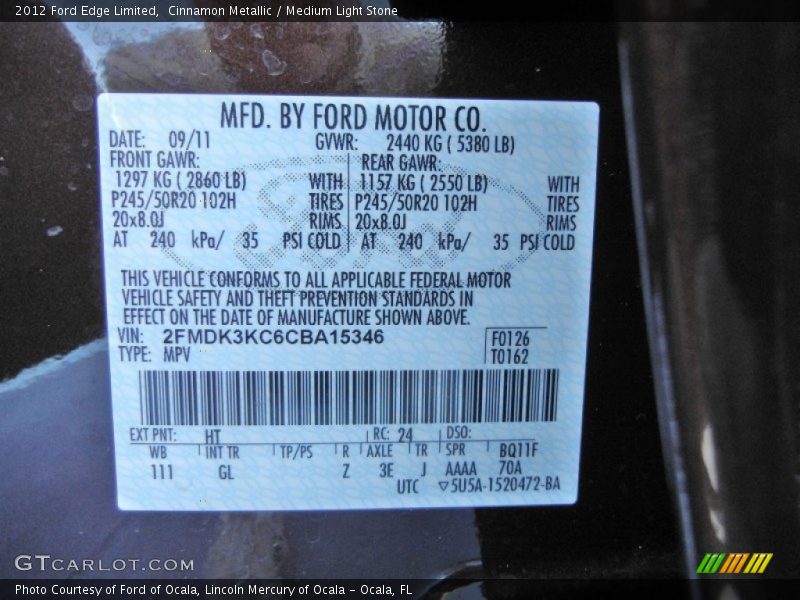 2012 Edge Limited Cinnamon Metallic Color Code HT