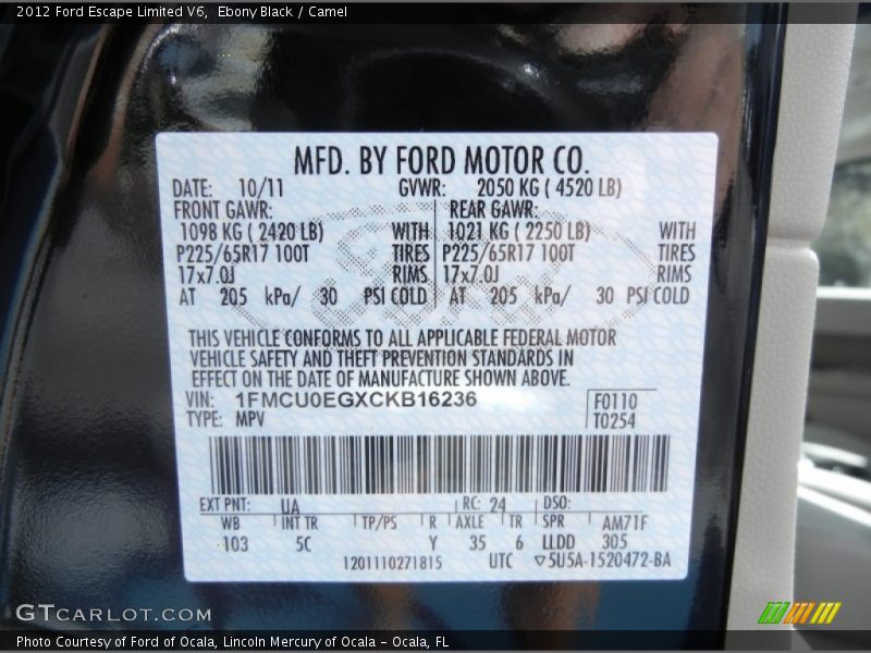 2012 Escape Limited V6 Ebony Black Color Code UA