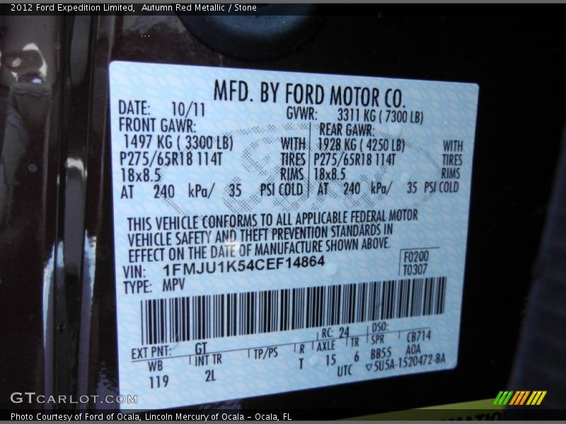 2012 Expedition Limited Autumn Red Metallic Color Code GT