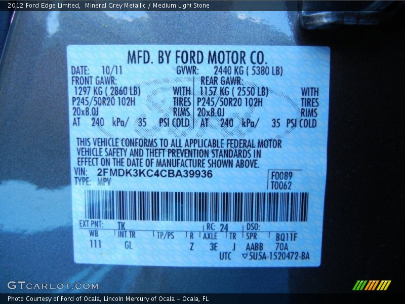 2012 Edge Limited Mineral Grey Metallic Color Code TK