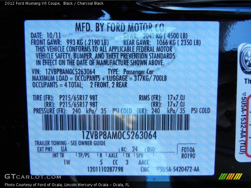 Black / Charcoal Black 2012 Ford Mustang V6 Coupe