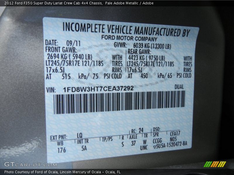 2012 F350 Super Duty Lariat Crew Cab 4x4 Chassis Pale Adobe Metallic Color Code LQ