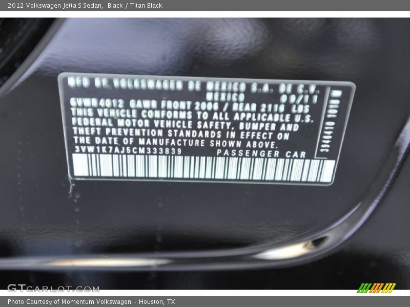 Black / Titan Black 2012 Volkswagen Jetta S Sedan
